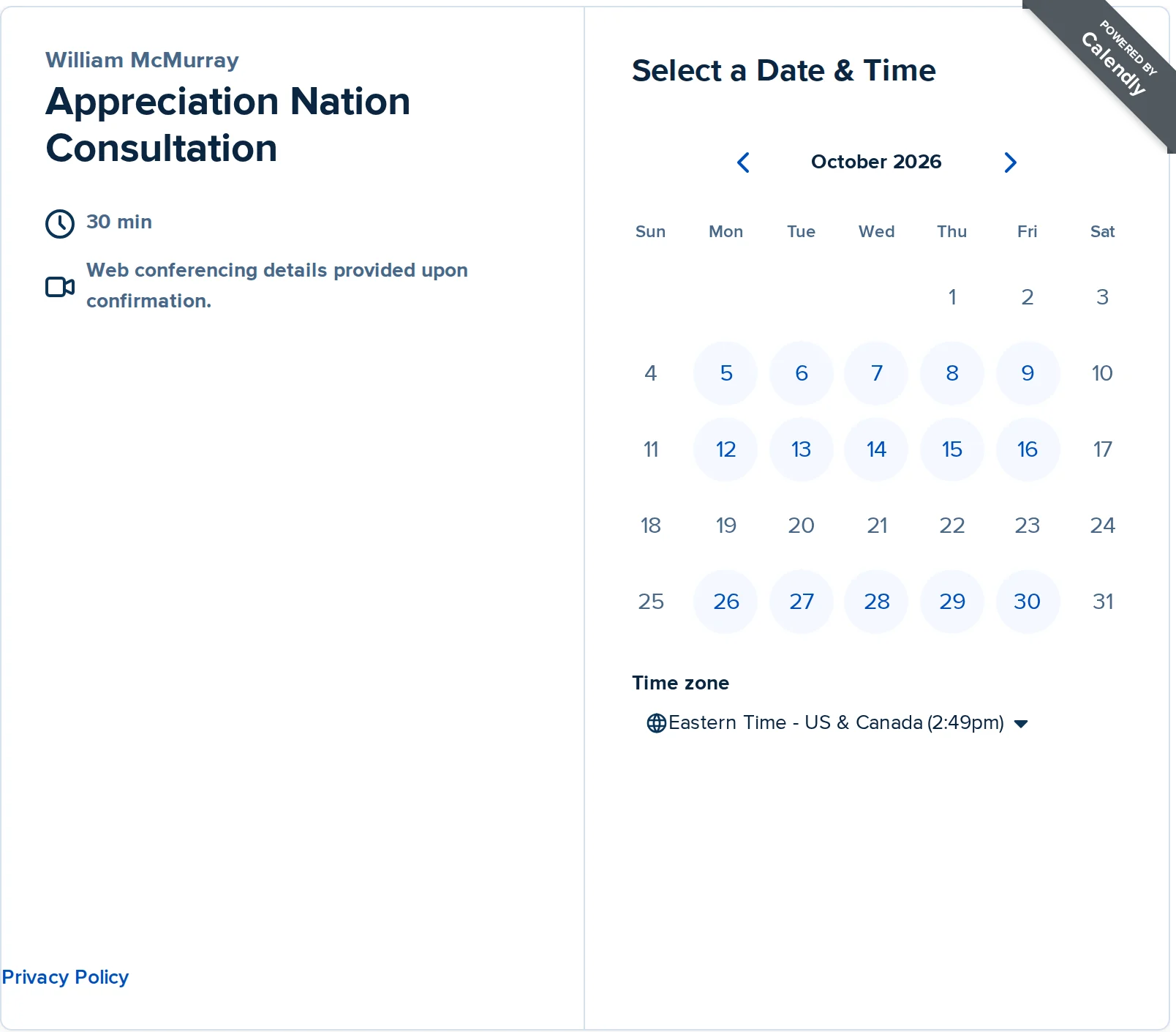 Calendly scheduler: Appreciation Nation Consultation with William McMurray, 30 minutes — select a date and time