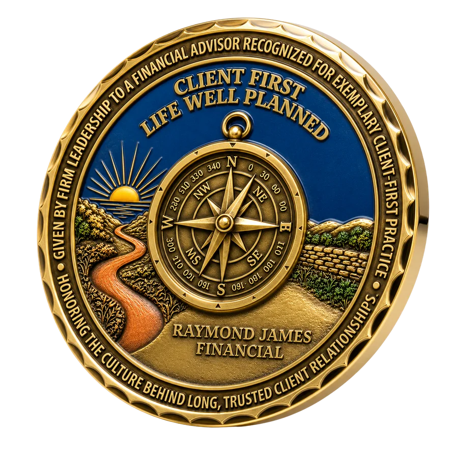 Raymond James Client First challenge coin with compass, sunrise and enamel sky