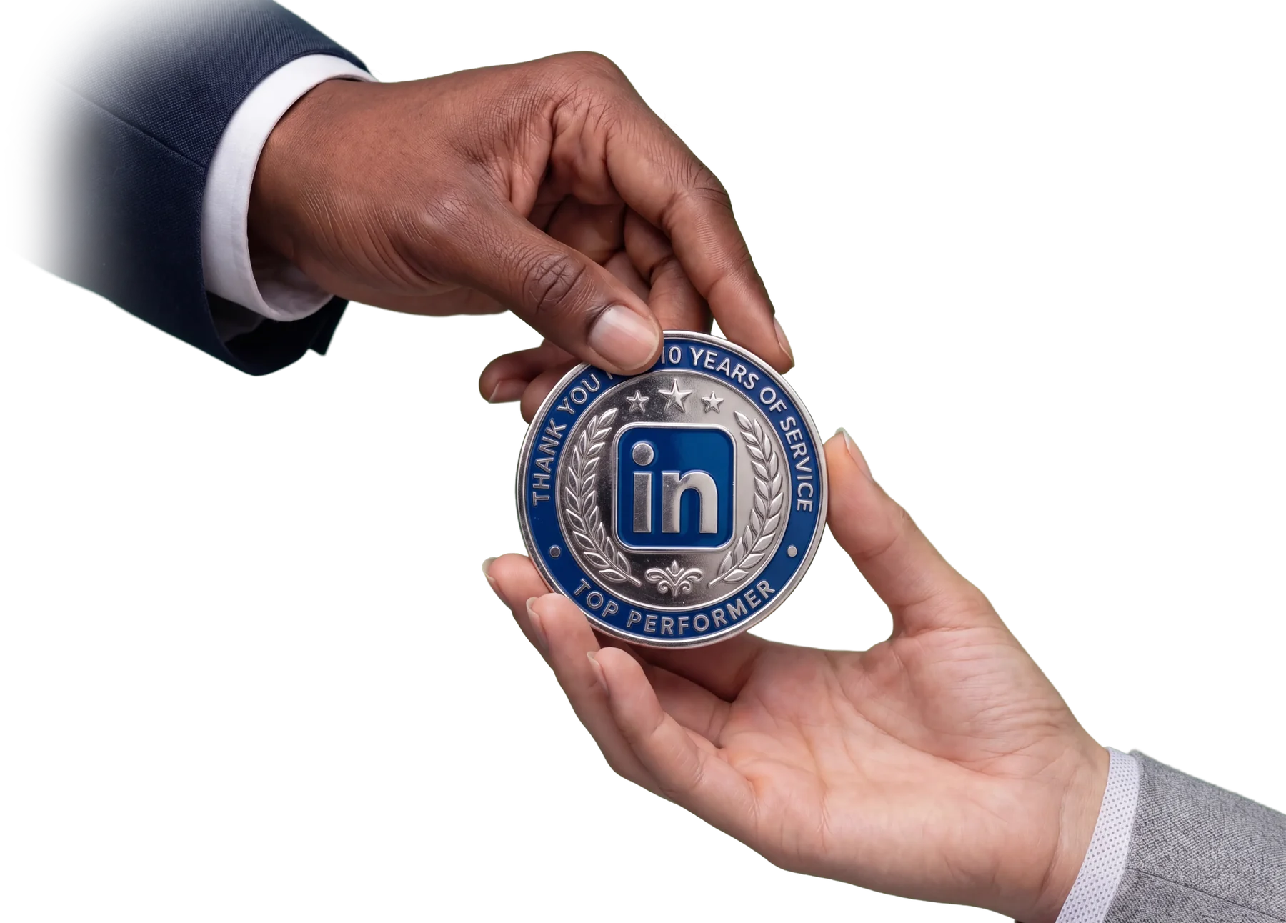 One hand passing a LinkedIn Top Performer 10 years of service coin to another