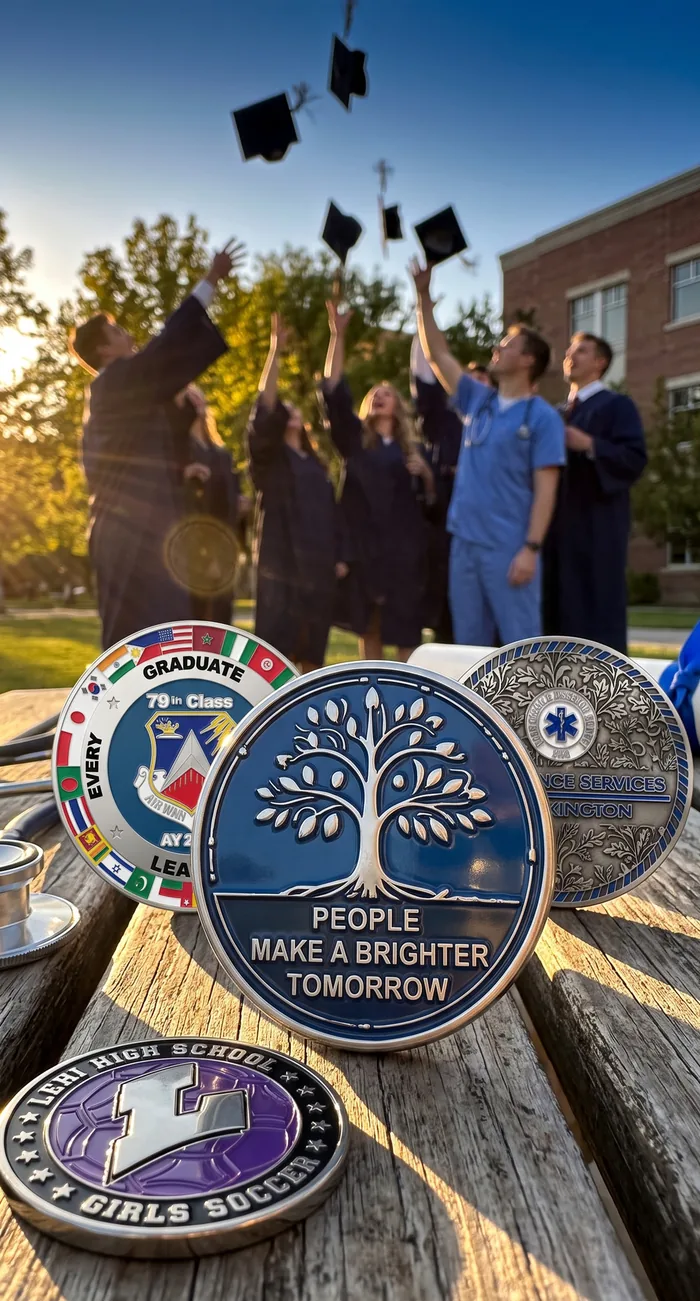 Education and healthcare coins in front of graduates and medical staff