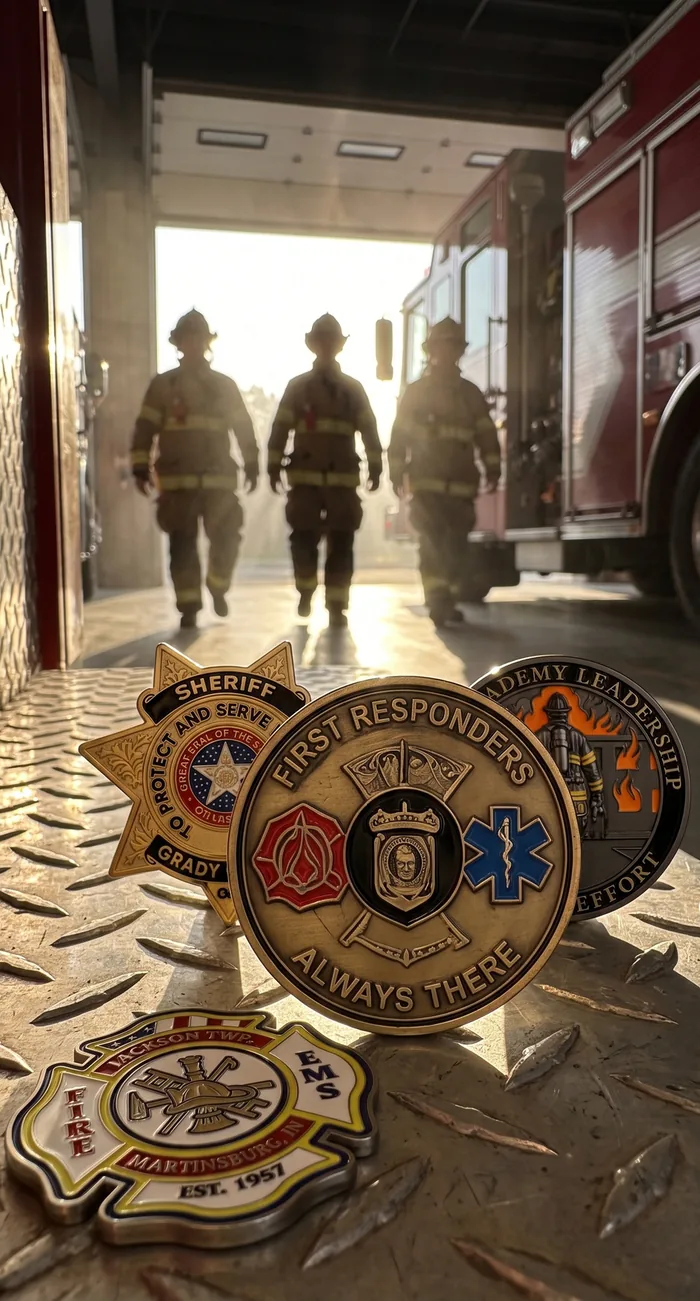 First responder challenge coins in front of a fire crew