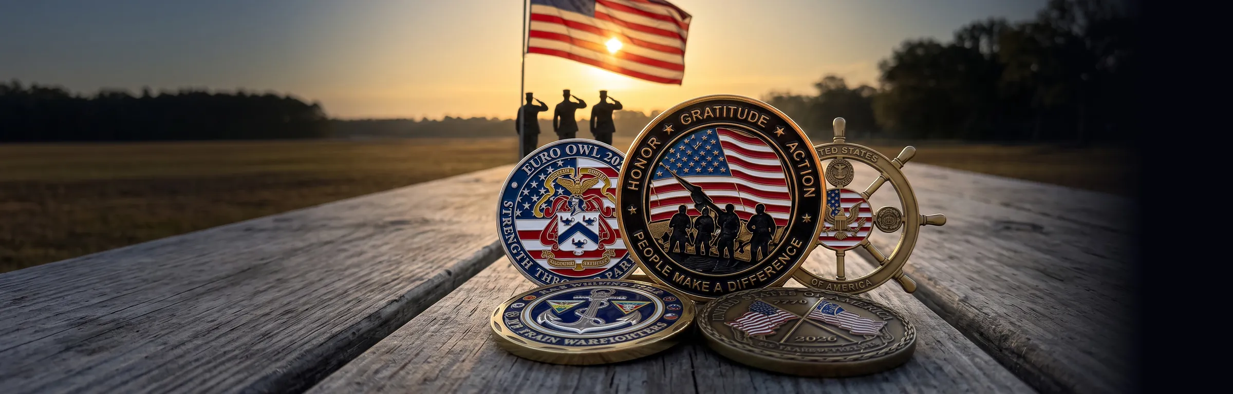 Military heritage coins on a wooden deck with soldiers saluting the flag at sunset