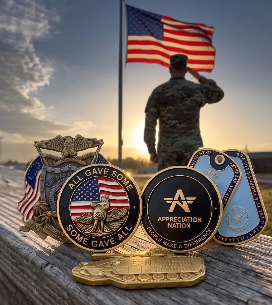 Military challenge coins on a wooden rail with a soldier saluting the flag at sunset