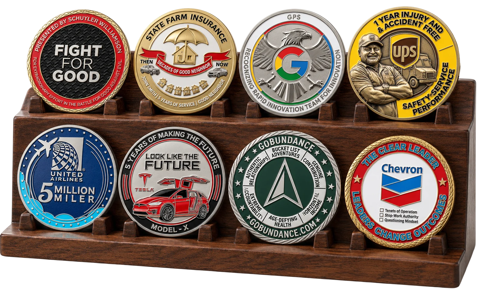 Eight custom challenge coins for brands like Google, UPS, Tesla and Chevron displayed on a walnut coin rack
