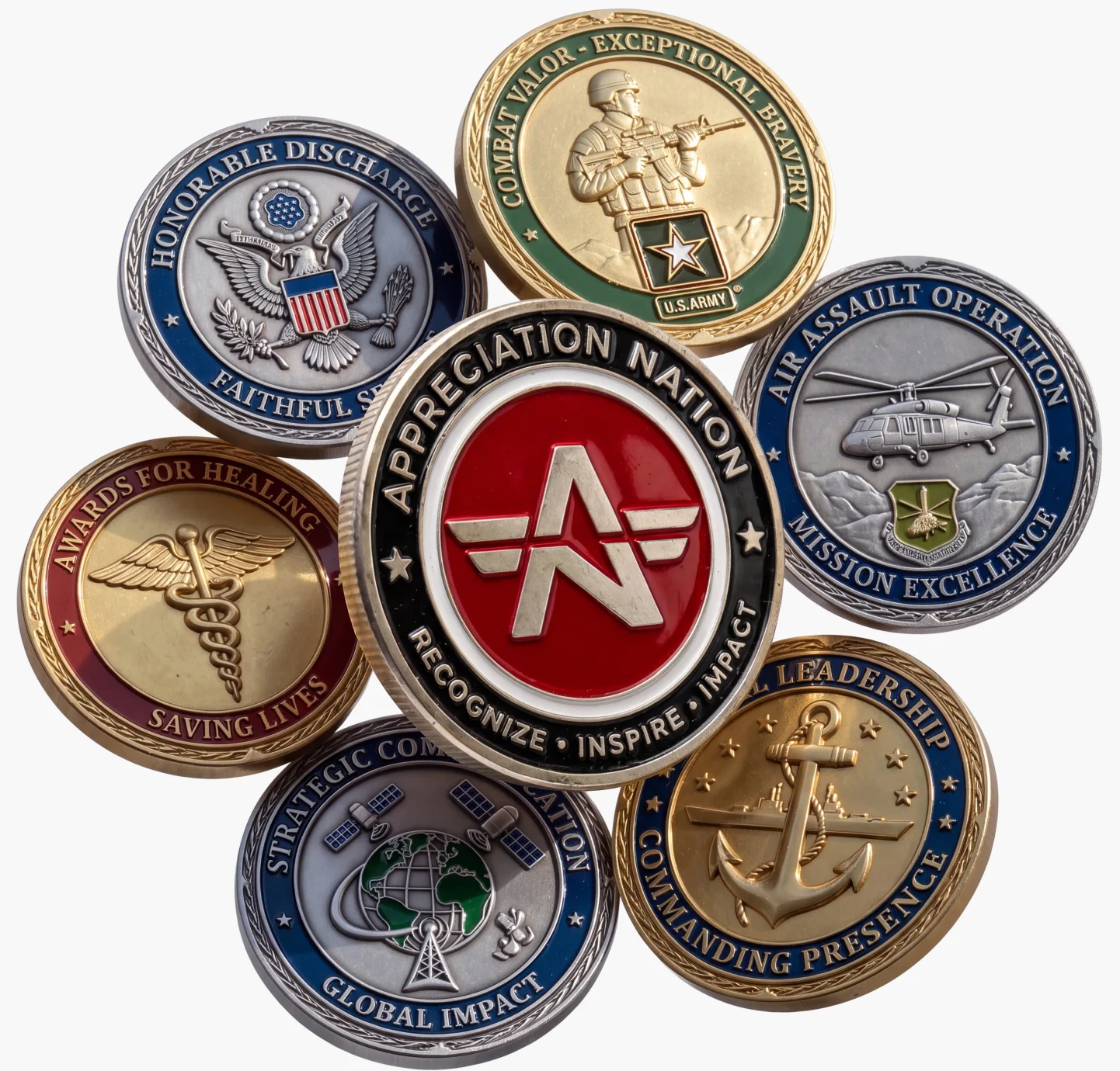 A cluster of military challenge coins around the Appreciation Nation coin