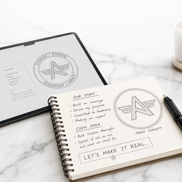 Sketchbook with an early coin concept and story notes
