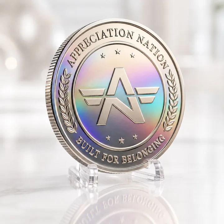 Finished Appreciation Nation coin with iridescent finish